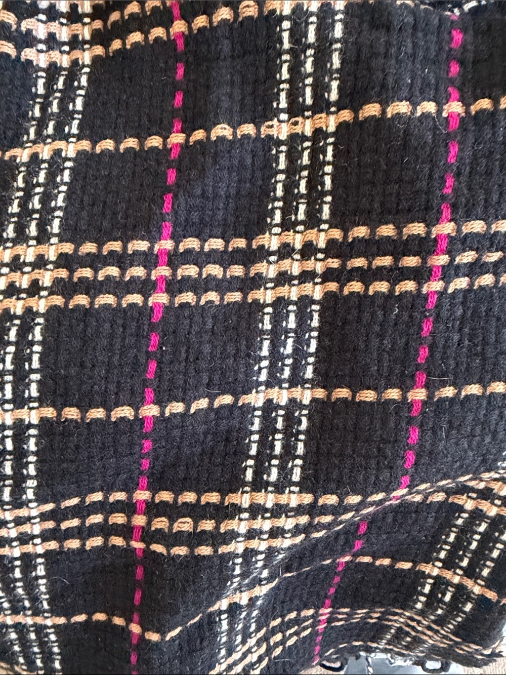 Burberry Black Plaid Knit Scarf with Pink and Tan Accents